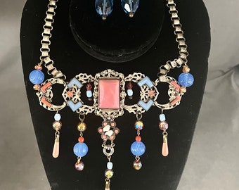 Stunning Assemblage Statement Necklace Set, Nouveau, Book Chain, Coral, Blue, Czech Glass