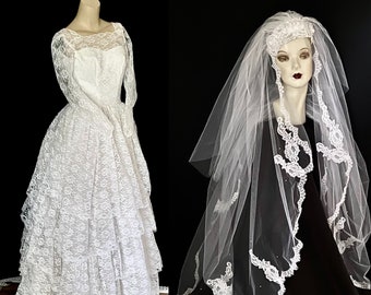 Pristine 1950s Cupid Originals Tiered Lace Cupcake, Princess Wedding Gown, Train, Headpiece and Veil, Very Petite