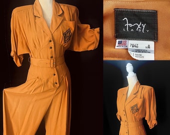 Ab Fab Foxy Lady, Karen Alexander Pumpkin Jumpsuit, Huge Shoulders, Monogrammed Crest, Medium