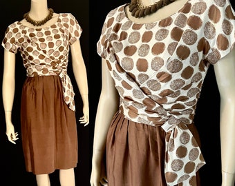 Striking Cocoa Brown Polka Dot Silk Day Dress, Draped Bodice, Side Swag, Sexy Secretary, Petite, Excellent