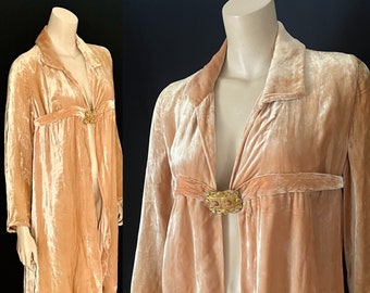 Unusual, Lovely 1920s Silk Velvet Occasion Coat, Exceptional Buckle, Apricot / Honey Colored, Petite - Small