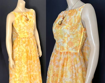 Sunny Citrus Yellow, Orange Flowy, Filmy Floral Frock, Back Drape, Fit & Flare , Petite, Lovely , VLV