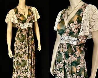 Fabulous 1970s Boho, Cottage Core Maxi Dress, Earth Toned Floral, Crochet Flutter Sleeves, Empire Waist, Small