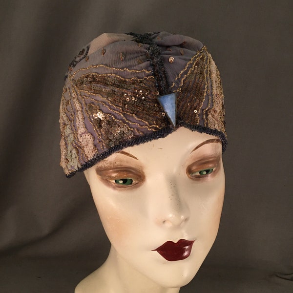 OOAK 1920s  Micro Sequined Evening Flapper Cloche, Fashioned from Authentic 1920s Components, Blues, Grey, Deco Glass