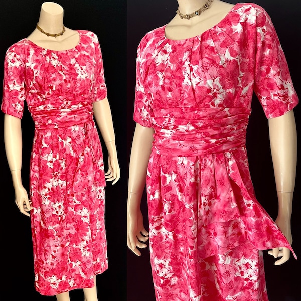 Charming 1950s Rosy Pink & White Floral Cotton Day Dress, Side Swag, Medium, Excellent