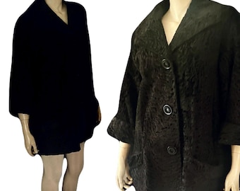 1950s Inky Black Sheared Astrakhan, Persian Lamb Stroller Coat, S-M, Benioff's S.F., Excellent