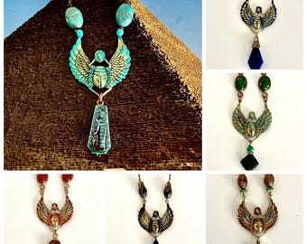 Handgeschilderde Egyptische heropleving gevleugelde scarabeekettingen, 6 kleuren/stijlen, strassteentjes