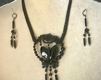 Lovely Antique Victorian French Jet Assemblage Statement Necklace & Earring Set