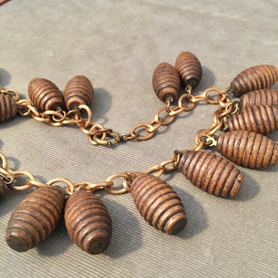 Iconic 1940s Carved Wood, Wooden Barrel Necklace,… - image 3