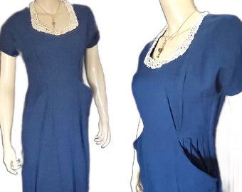 Darling 1950s Miss Ellitte of California Navy Blue Day Dress, White Floral, Rhinestone Trim, Pockets, Small