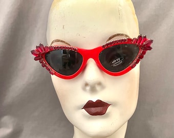 OOAK Hand Embellished, Jeweled Retro Cateye, Cat Eye Sunglasses, Vintage Stones, Vixen Red, VLV