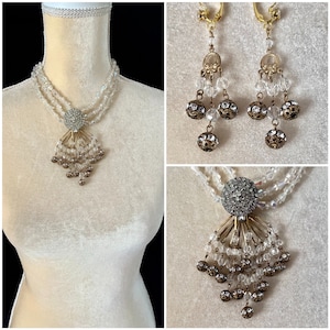 Glitzy, Blingy 1950s Assemblage Necklace, Earrings Set, Crystals, Rhinestones,  Bridal, Holiday Set