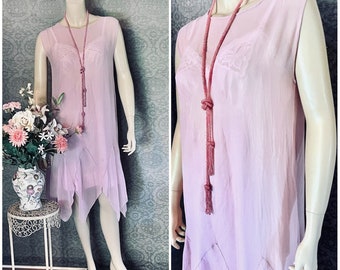 Charming 1920s  Silk Chiffon Occasion Dress, Cotton Candy Pink, Handkerchief Hem, Matching Necklace , Medium +