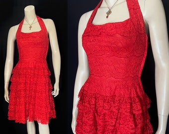 Hot Cha Cha Cha Fire Engine Red 1950s Tiered, Ruffled Lace Halter Frock, Extra Petite, Excellent