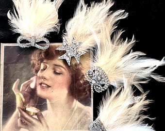 Handcrafted 1920s Gatsby, Flapper Headpiece, Antique Off White Ostrich Feathers, Art Deco Dress Clip, Bridal, Wedding