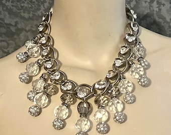 Dramatic Assemblage Statement Necklace, Silver Toned, 1950s Valentine's Hearts, Crystals