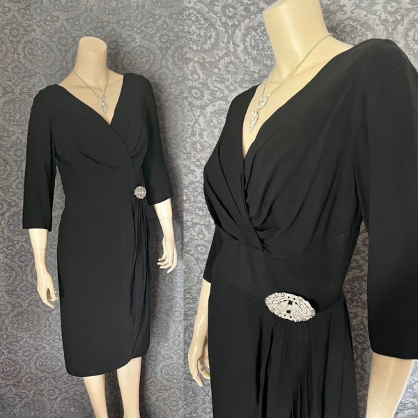 Late 1950s, Early 1960s Lilli Diamond Swagged, Draped Cocktail Frock, Inky Black, Great Deco Brooch, Sm- Medium