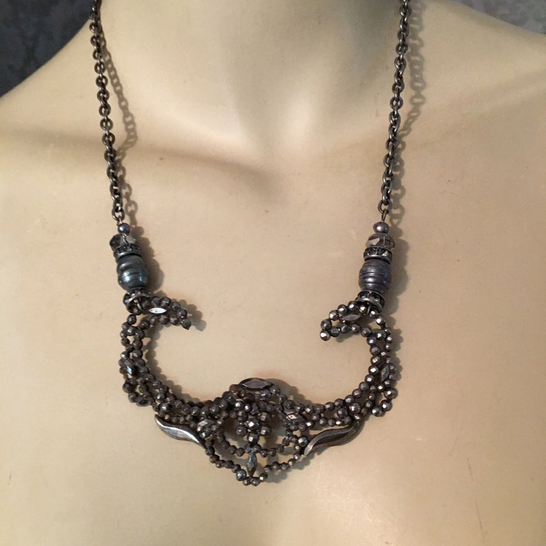 C Victorian French Cut Steel Beautiful Shape 1850-1910 Assemblage Necklace Freshwater Pearls Antique Georgian