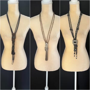 Authentic 1920s Beaded Flapper Necklace, Altered Assemblage Couture, Black, Hematite, Silver, Rhinestones