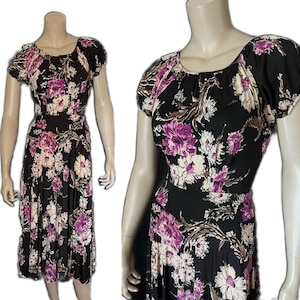 Fabulous 1940s Floral Print Jersey Dress, Black, Fuchsia, Cream, Puffed Sleeves, Excellent, Petite