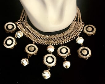Wild & Wonderful Collar, Bib Necklace, Deco Glass Cabochons, Black, White, Gold Toned
