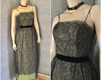 Stunning 1950s Poison Green Ballgown, Gown, Black & Silver Metallic Lace Overskirt, Petite, Small, Excellent