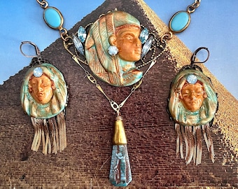Egyptian Revival Necklace, Earrings or the Set, Neiger, Selro Style, Pharaohs, Goddess, Turquoise, Copper, Gold