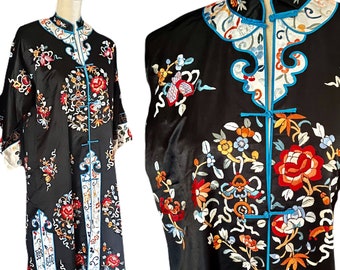 Exquisite Vintage Embroidered Chinese Robe, Inky Black, Multi Floral, Excellent, M - L