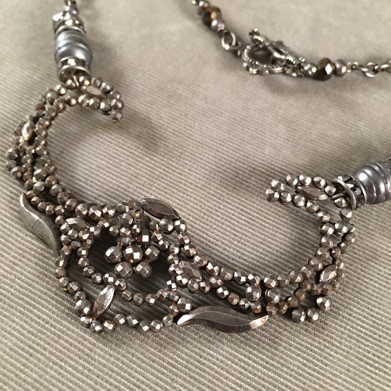 C Victorian French Cut Steel Beautiful Shape 1850-1910 Assemblage Necklace Freshwater Pearls Antique Georgian
