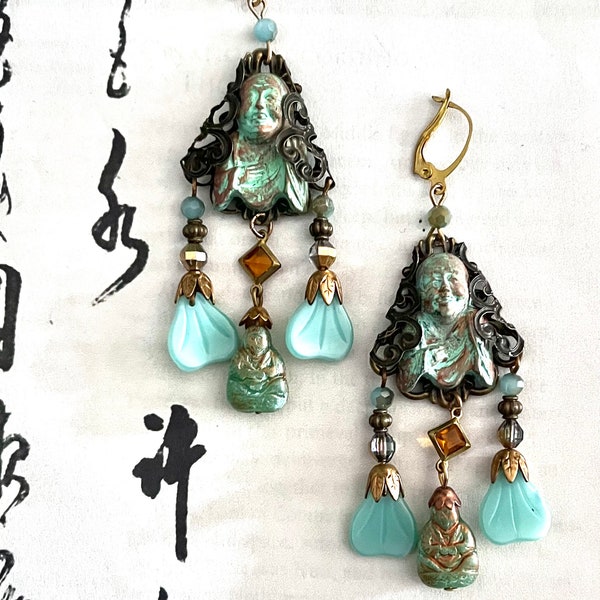 Vintage Double Happy  Buddha  Selro Selini Style OOAK Earrings, Hand Painted,  Turquoise, Bronze