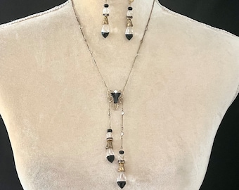 Delicate yet Dramatic Deco Czech Glass Lavalier Necklace & Earrings, Black and Crystal