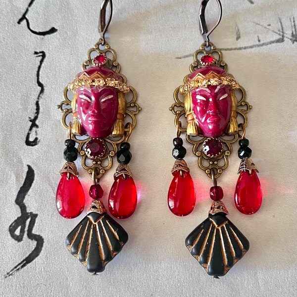 Vintage 1950s Selro, Selini Style Asian Face, Thai Princess OOAK Earrings, Black, Red, Bronze, Hand Painted