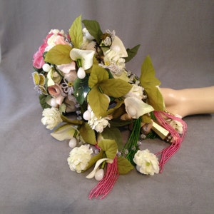 Wedding, Eternal Statement Bridal,  Keepsake Bouquet, 1920s Cascade Style, Pink, White, Green, Bouttoniere