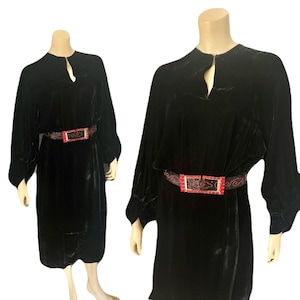 Lovely 1930s Inky Black Silk Velvet Occasion Dress, Amazing Belt, Bishop Sleeves, Keyhole Neck, Small - ish