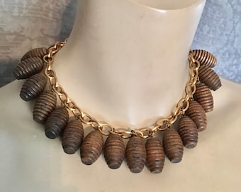 Iconic 1940s Carved Wood, Wooden Barrel Necklace, Brown, Chunky Chain, 16.5 "