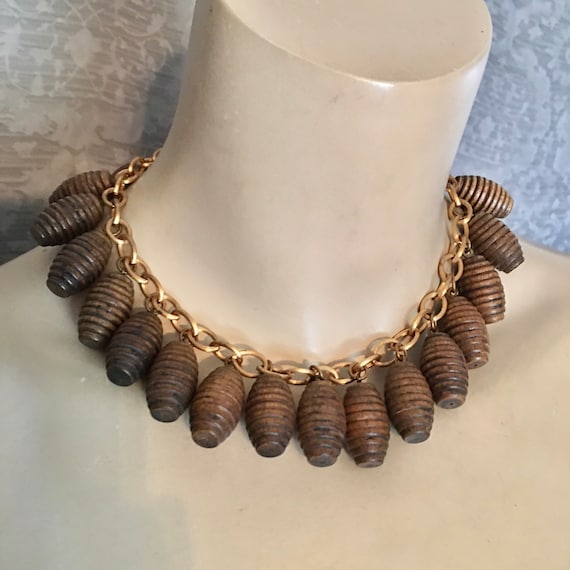 Iconic 1940s Carved Wood, Wooden Barrel Necklace,… - image 1