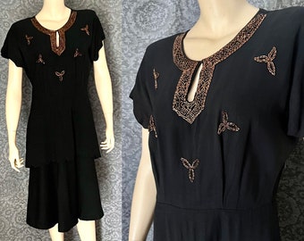 Lovely, Classic 1940s Black Crepe Occasion Dress, Copper Beading, Tiered Skirt, Medium , Large