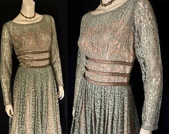 1950s Sage Green, Fall Toned Lace Party Frock, Full Skirt, Long Sleeves, Small - Medium,  VLV