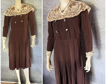 Charming 1930s Chocolate Brown, Ecru Lace Bertha Collared Rayon Day Dress, Small - Medium
