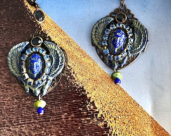Vintage Art Deco Czech Glass Egyptian Revival Winged Scarab Earrings, Pharaoh, Cobalt Blue, Green
