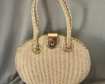 Large, Lovely Unusual 1960s Summer Purse, Woven Plastic and Metal, Off White, Gold, Excellent, VLV