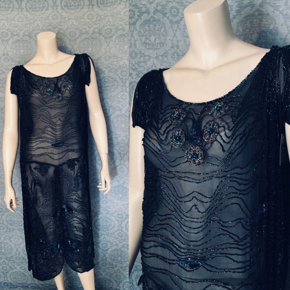 Superb Carnival Glass Beaded 1920s Silk Chiffon Ev
