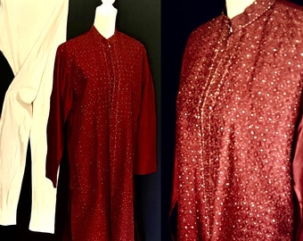 Stunning Embroidered, Sequined Kurta Set, Rust Merlot Red, Manyavar, Excellent, Medium 38