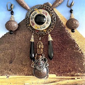 Deco Egyptian Revival Necklace and Earring Set, Snuff / Perfume Bottle, Earth Tones, Czech Glass Drops, 1920s Buckle Centerpiece