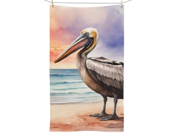 Pelican Hand Towel 16" x 28" bathroom, kitchen, beach house, seaside resort, coastal, beach, birds, wildlife, sea life, marine, Nautical