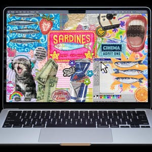 May include: A laptop displaying a colorful collage of images, including sardines, a cat wearing headphones, money, and a cinema ticket. The screen also features a strawberry, a smiley face, and the word "Fuckit".