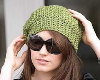 Eco Green Hat, Crochet Pattern, Beanie,  Slouchy, Celebrity, PDF, Download, Digital