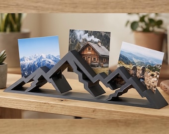 Fotohouder met bergketenmotief – Minimalistische fotohouder – Cadeau voor wandelaars en bergliefhebbers – Bureaudecoratie voor bergliefhebbers