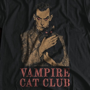 Vampire Cat Club T-Shirt, Funny Dracula Shirt, Retro Horror Tee, Gothic Cat Shirt, Vintage Vampire Shirt, 90s Graphic Tee for Animal Lovers