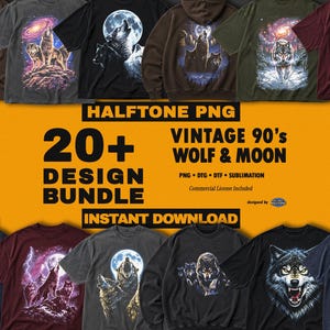 May include: A collection of t-shirts and a hoodie featuring wolf and moon designs. The shirts are in various colors, including black, gray, and burgundy. The image also includes the text "HALFTONE PNG", "20+ DESIGN BUNDLE", and "VINTAGE 90'S WOLF & MOON".